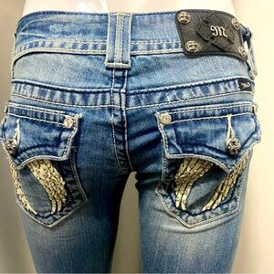 Miss Me Boot Cut Jeans w/ Wings on Back Pockets and Rhinestone Detail. Size 26